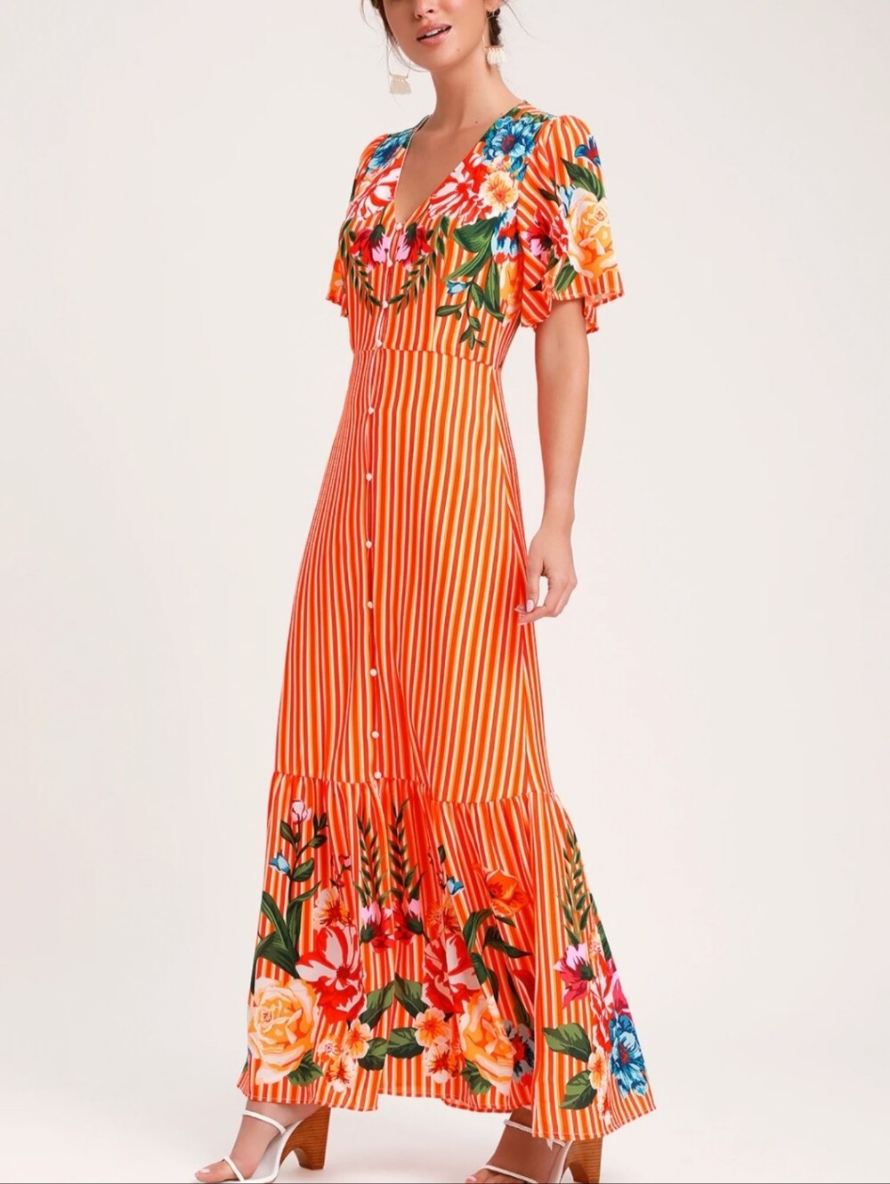 Lulus Dopamine Floral V-Neck Dress - Pink & Red Size M Farm Rio. Tropical Boho.